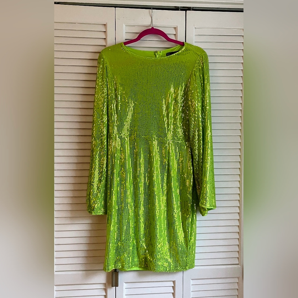 NY&C Sequined, Lime Green Mini Dress with Bell Sleeves